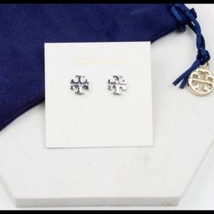 silver tory burch logo stud earrings
